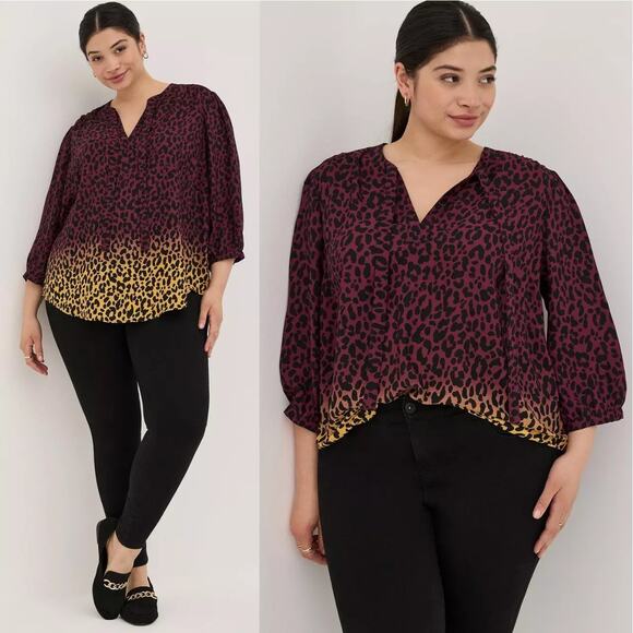 Torrid 1 (1X) Ombre Leopard Georgette Secretary Tie Neck 3/4 Sleeve Blouse Top - Picture 3 of 3